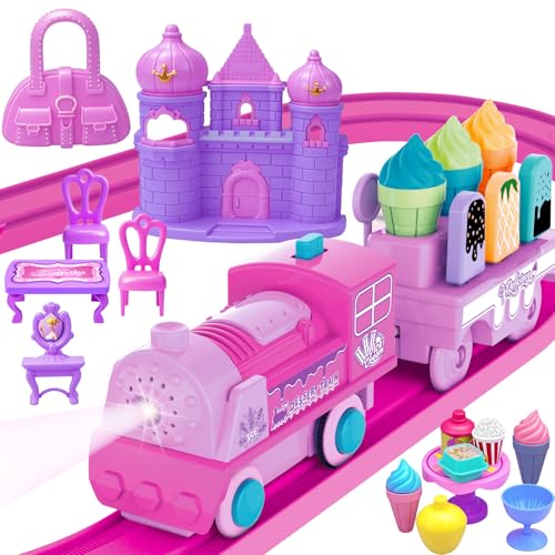 Tracks Car Toys Set for Age 2 3 4 5 6 7 Year Girls Toddler, Pink Princess Train Set Toys for Kids with Light & Music, Track Vehicle Toy Girl Birthday Gift