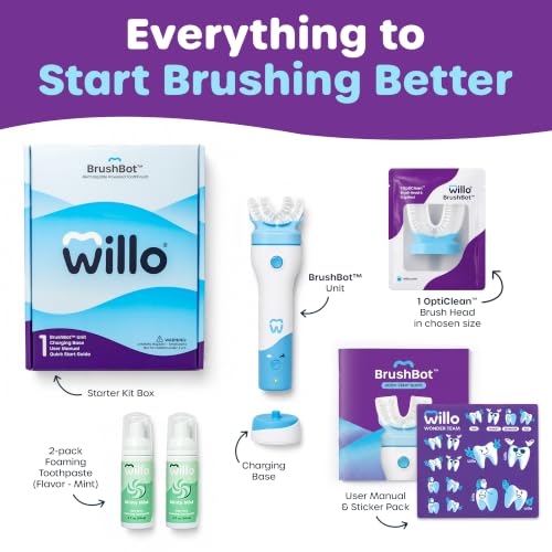 Image of Willo BrushBot Kids U-Shaped Toothbrush Starter Kit - Automatic Toothbrush for Kids, 2 Minute Timer, App Connectivity, Soft Bristles, Rechargeable, Plaque Removal - Large Mint Dye-Free