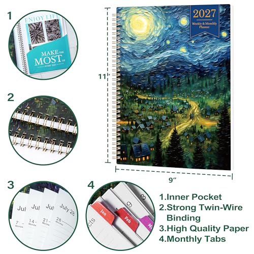 2026 Planner - 2026 Planner Weekly and Monthly, Planner 2026, Jan 2026 - Dec 2026, 8.5" x 11", Monthly Planners with Colourful Tabs & Pocket, Flexible Cover, Twin-Wire Binding- Oil Painting — view 3
