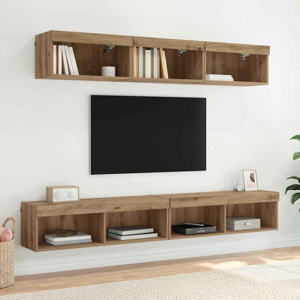 Szafka RTV wisząca LED z oświetleniem LED Dąb rzemieślniczy 100x30x30 cm nowoczesna półka pod telewizor do salonu z drzwiami i miejscem do przechowywania mebel na ścianę