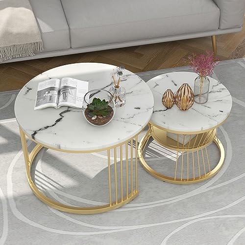 Generisch Juego de 2 mesas de café Nesting con aspecto de mármol y marco de metal dorado, ahorra espacio, estable y duradero para sala de estar, dormitorio y espacios pequeños