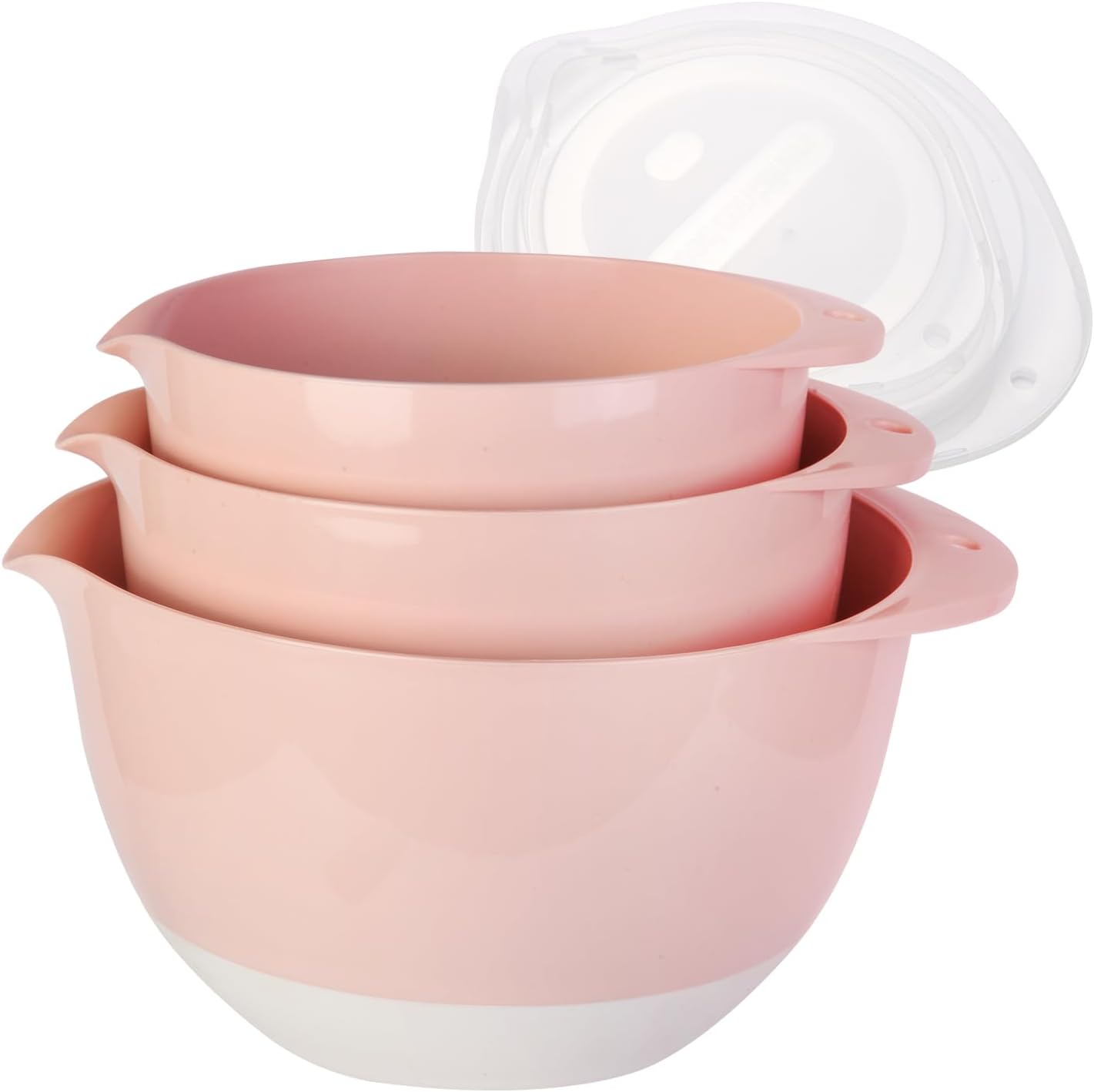 3 Mixing Bowls Set with Lids,Pour Spout and TPR Bottom, Plastic Nesting Bowl Use for Kitchen Cooking-Prep,Serving,Baking Bread Cake,Pancake,Waffle,Non-slip,Dishwasher Safe,3Qt,2Qt,1.5Qt,Pink - Thumbnail 2