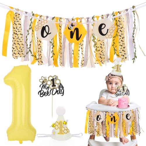 Image of Happy 1st Bee Day High Chair Banner for First Birthday Party Decorations | Bumble Bee High Chair Fabric Banner for Boys Bee First Birthday High Chair Tassel Banner for Backdrop Decorations Photo Props