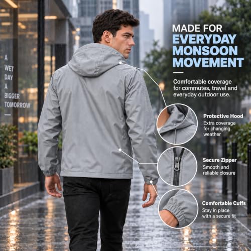 Image of MIA FASHION Men's Hooded Waterproof Rain Jacket Lightweight Wind Resistant Jacket with Zipper Pockets for Bike Riding, Travel & Outdoor Use