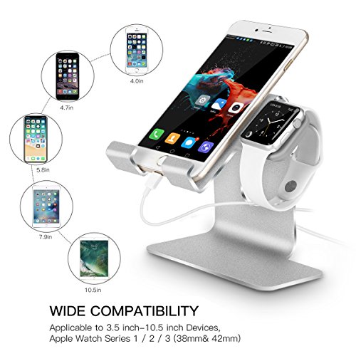 Tranesca 2-in-1 Charging Stand Compatible with Apple Watch Series 6/5/4/3/2/1 and Apple Watch SE (38mm/40mm/42mm/44mm) and iPhone/iPad (Sliver-Must Have Apple Watch Accessories)