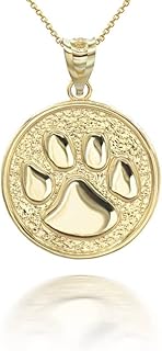 Solid 14K Yellow Gold Puppy Dog Cat Pet Paw Print Round Coin Medal Pendant Necklace (18