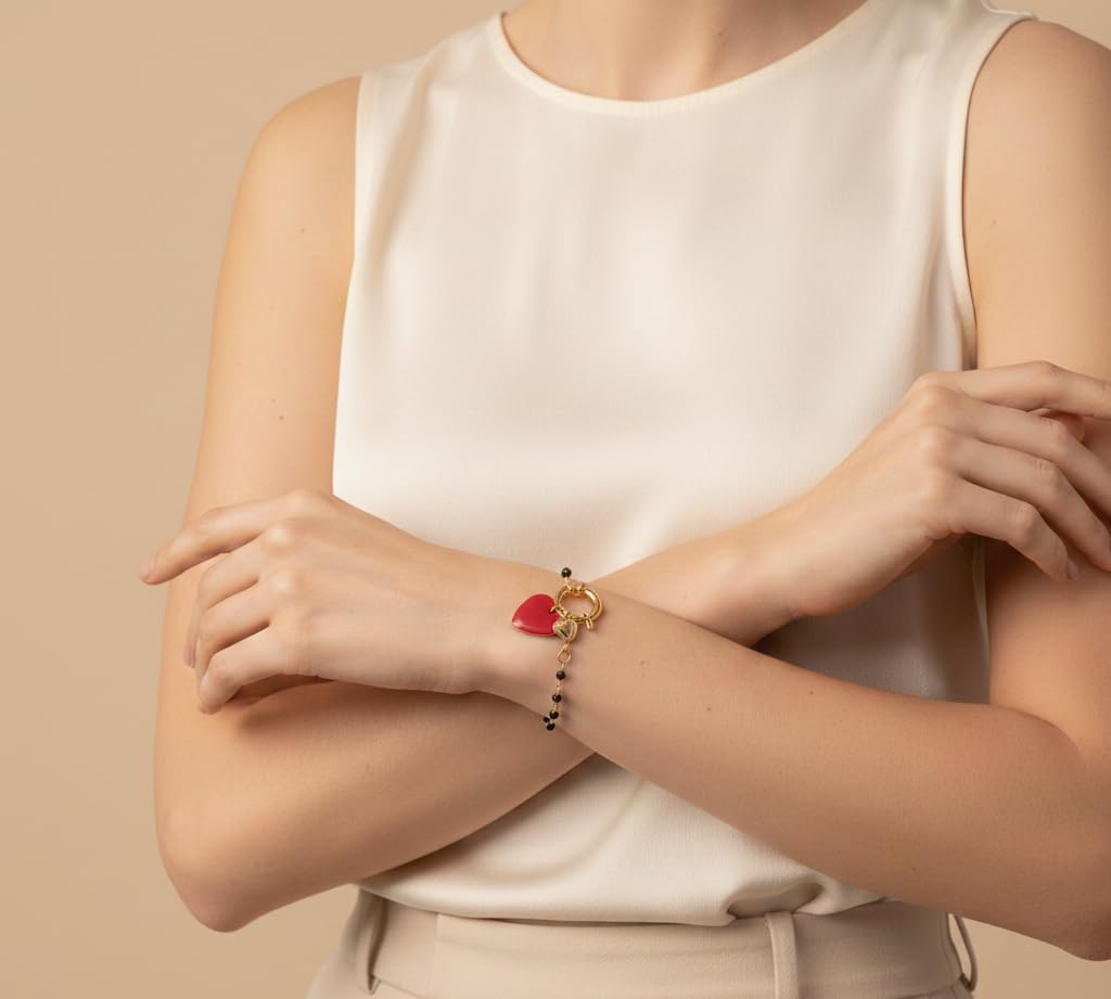 stylen Bracciale Donna con Grani Neri e Ciondoli Cuore in Acciaio, Braccialetto con Cuore Rosso Smaltato e Chiusura a Timone, Idea Regalo Elegante