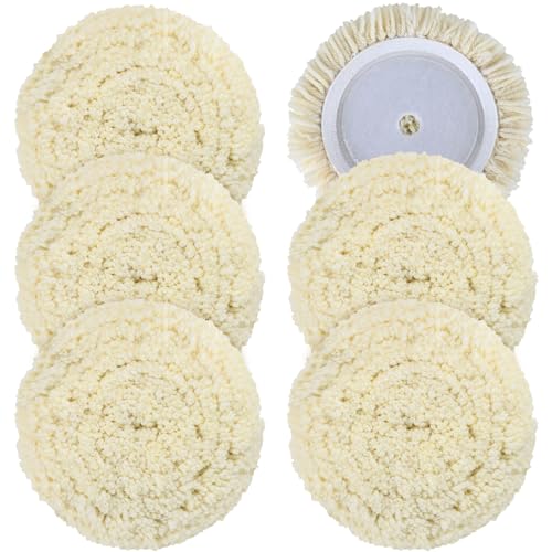 phepetroll 6 PCS Wool Buffing Polishing Pads - 7 Inch Natural Wool Cutting Pads with Hook and Loop Backing Compound & Polishing for Automotive Car Boats Glass Furniture Repair