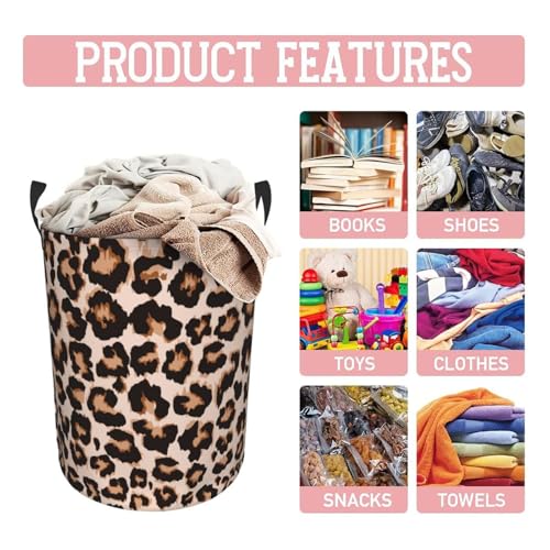 Image of Cheetah Print Round Laundry Hamper Leopard Animal Skin Storage Basket Toys Clothes Organizer Bin For Home Bathroom Bedroom Dorm Nursery, 38l
