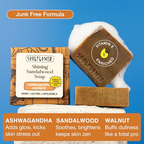Image of Soulflower Sandalwood Soap, Protection for Every Ghar, Cleansing, Tan Removal, Magic Wash for Face, Body with Ashwagandha, Tulsi, Triphala, Neem | 100% Natural, Handmade for All Skin Types, 100g