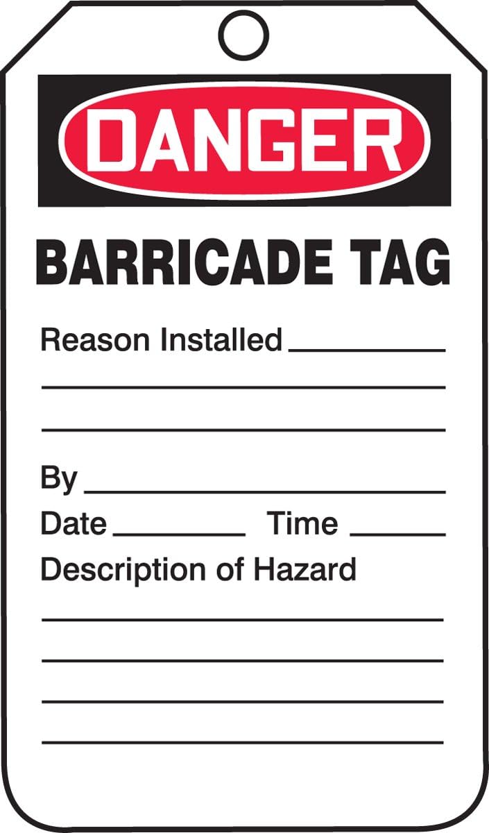 Accuform Signs TAB104CTP Barricade Status Tag, Legend "Danger Barricade TAG", 5.75" Length x 3.25" Width x 0.010" Thickness, PF-Cardstock, Red/Black on White (Pack of 25)
