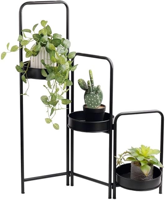LIFA LIVING 3 Tier Folding Plant Stand, Black Flower Holder Indoor & Outdoor, Modern Decorative Metal Plant Pot Stand for Garden & Living Room, 25 x 52 x 90 cm