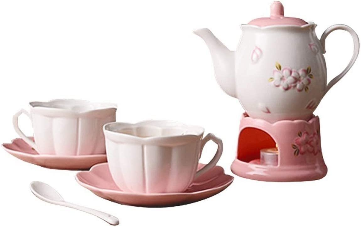 Exquisite Porzellantassen, Teeservice for 2 Personen, Bone China Kaffeekanne, Teekanne, Tasse und Untertasse, Set mit Stövchen und Teesieb – Kirschblüten-Design (Glas-Teekanne) ( Color : Porcelain tea