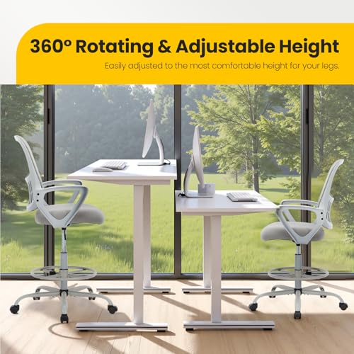 Image of Sweetcrispy Tall Drafting Desk Chair - Ergonomic High Stool Computer with Adjustable Height and Comfy Lumbar Support, Office Rolling Counter with Flixed Arms and Footrest, Grey