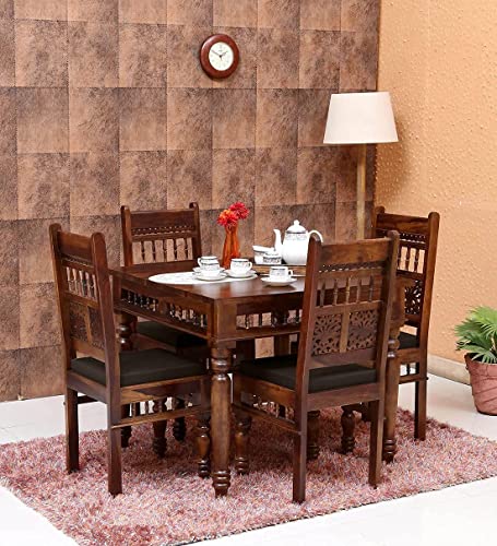 Image of BN Furniture Solid Sheesham Wood 4 Seater Dining Table Set | Dark Walnut Finish | Handcrafted Wooden Square Dining Table with Cushioned Chairs for Home & Apartment
