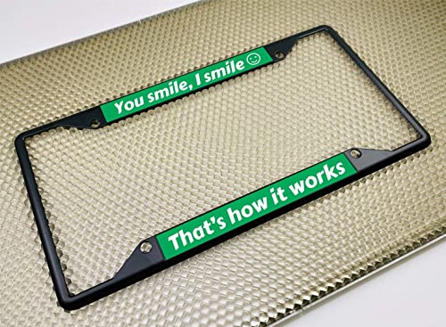 Image of Personalized with Custom Text Design - 4 Hole Black Metal Laser Engraved US Standard Size - Car License Plate Frame with Free caps - Green /White Text (Qty: 1 Frame)