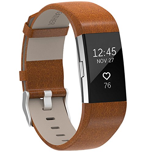 Henoda Replacement Bands Compatible with Fitbit Charge 2 Classic Genuine Leather Charge 2 Band Fitness Wristband for Women Men Small Large Bright Brow