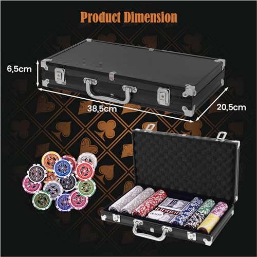 HOMASIS Pokerset mit 300 Chips, Alu Pokerkoffer mit 2 Kartendecks, 5 Würfeln, 1 Dealer Button, Poker Koffer abschließbar, Poker Set Pokerkarten für Texas Hold'em (300 Chips, Schwarz) – Bild 6