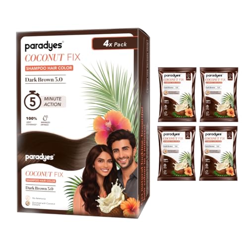 Image of Paradyes Coconut Fix Shampoo Hair Color Dark Brown 3.0, No Ammonia, Enriched with Coconut Extracts to Minimizes Dryness, 5 - Minute Grey Coverage, Pack of 4