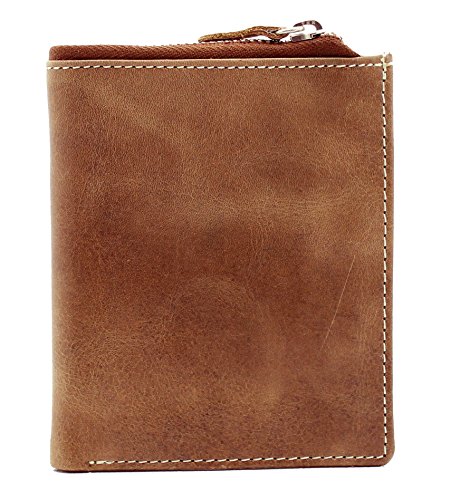 TOPSUM LONDON Men's Soft Distressed Leather Bi-Fold Wallet With Long Zip Pocket Tan