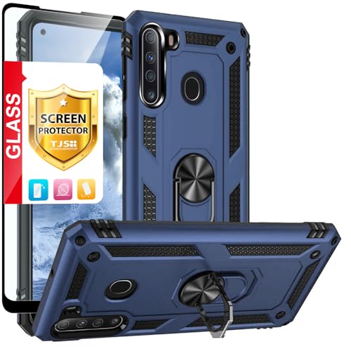 TJS Compatible with Samsung Galaxy A21 Case, with [Full Coverage Tempered Glass Screen Protector][Metal Ring][Magnetic Support] Kickstand Heavy Duty Drop Protector Cover Phone Case (Blue)
