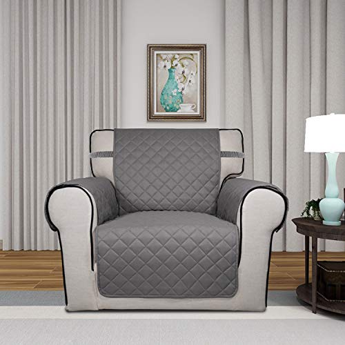 Image of PureFit Reversible Quilted Sofa Cover, Water Resistant Slipcover Furniture Protector, Washable Couch Cover with Non Slip Foam and Elastic Straps for Kids, Dogs, Pets (Chair, Gray /LightGray)