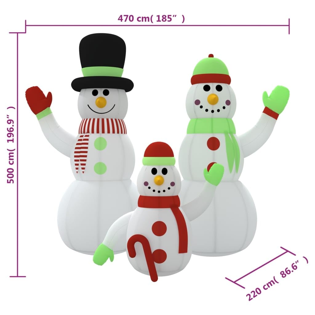 Aufblasbare Schneemannfamilie mit LEDs, 500 cm Höhe, wetterbeständigem Oxford-Gewebe, integrierter Weihnachtsbeleuchtung, für Garten, Balkon, Terrasse, inklusive Timer und Fernbedienung