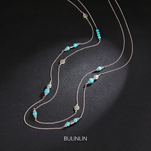 BULINLIN Layered Silver Long Necklace for Women Turquoise Stone Beaded Strand Sweater Chain Necklaces Fashion Costume Jewelry Gifts for Mom2
