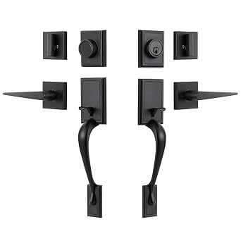 MIRUO Front Door Handle Set Double Door Handle Set with Dummy Heavy Duty Double Door Lock Set, Compatible with Right & Left Handed Doors Matte Black KeyedDummyS118_USAM002