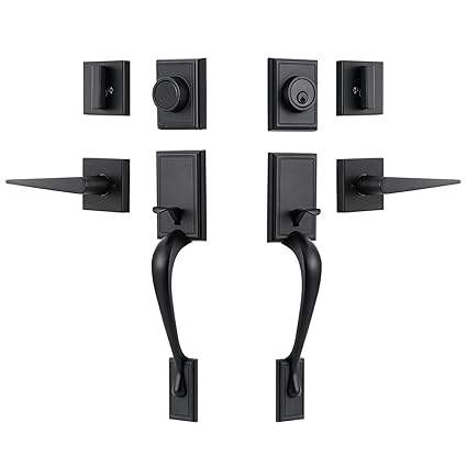 MIRUO Front Door Handle Set Double Door Handle Set with Dummy Heavy Duty Double Door Lock Set, with Single Cylinder Deadbolt and Lever Handle, Compatible with Right & Left Handed Doors (Matte Black)