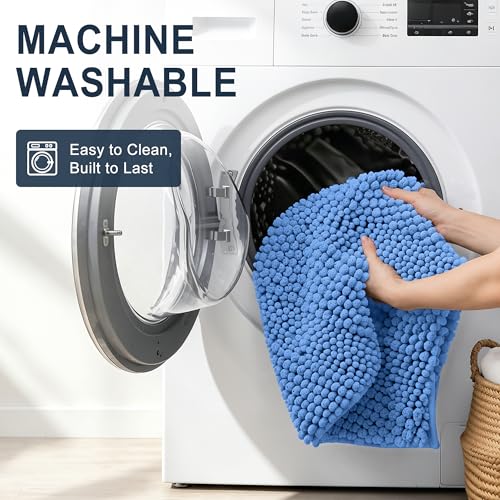 Image of Smiry Thick Chenille Bathroom Runner Rugs 44x24, Extra Absorbent Striped Bath Mat, Machine Washable, Rubber Backing, Long Bath Rugs for Tub & Shower, Modern Home Decor Accessories, Cornflower Blue