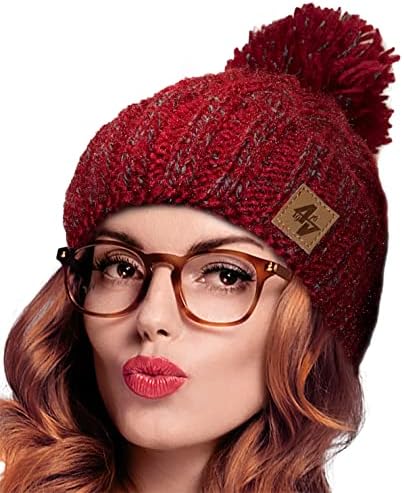 Thick & Soft Winter hat - Ladies Hats Winter - Women Pompom hat- Warm Womens Fleece Lined Beanie hat - Knitted Winter hat for ski, Snowboarding, Outdoor Activities - Romens
