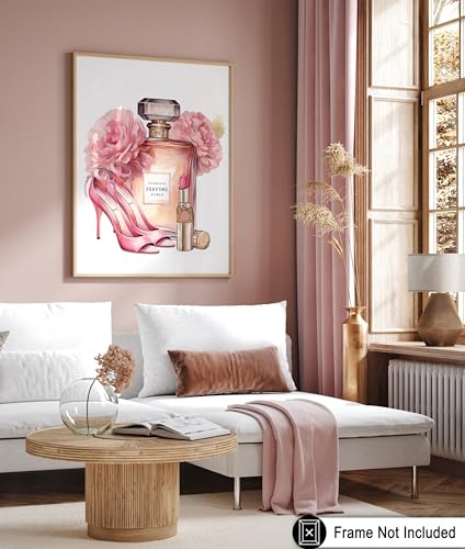 Image of Poster Master Pink Designer Print - Fashion Poster - Shoes, Lipstick & Perfume Art - Chic Gift for Women & Fashionista - Glam Decor for Bedroom or Girl's Room - 11x14 UNFRAMED Wall Art