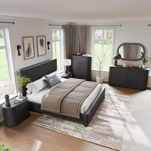 Furniture of America Elizea Modern Contemporary Solid Wood 6-Piece King Panel Bedroom Set with USB Ports, Fluted Headboard and Dust-Proof Case, Box Spring Needed, Black