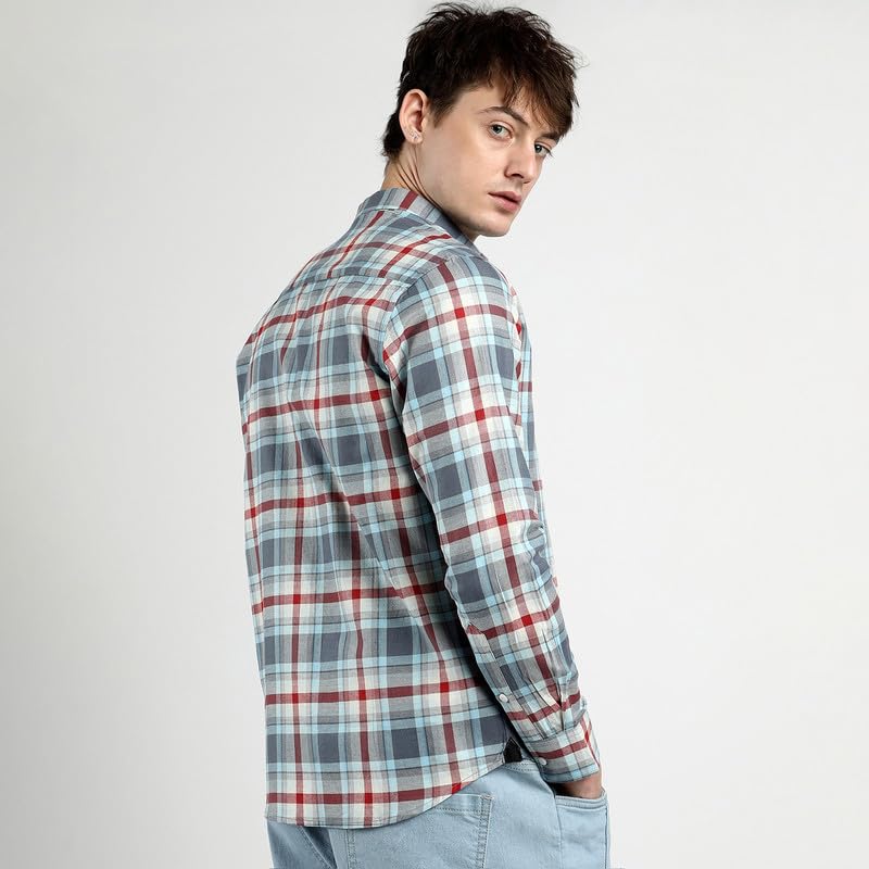 Image of Campus Sutra Men's Steel Blue Tartan Plaid Shirt for Casual Wear | Spread Collar | Long Sleeve | Button Closure | Shirt Crafted with Comfort Fit for Everyday Wear