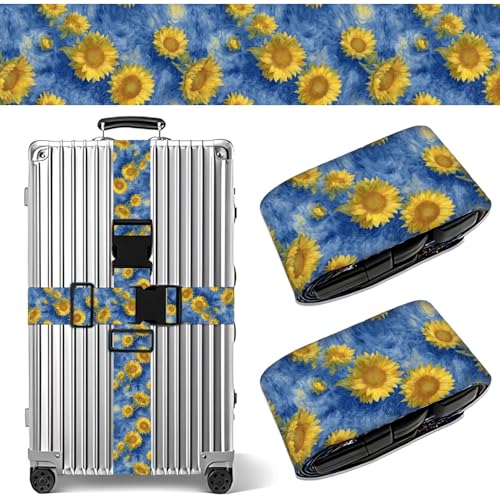 Image of 2 Pack Luggage Straps for Suitcases, Adjustable Travel Belt with Buckle, 2 inch Wide Heavy Duty Suitcase Straps for Summer Vacations, Starry Night Sunflower Pattern, Travel Essentials, Blue /Multi