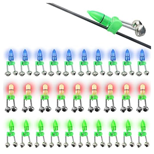 HLOGREE 30PCS LED Night Fishing Tackle Rod Bait Alarm Bell, Night Sea Fishing Rod LED Light Clip with Twin Bells Ring Fishing Bite Alarm Indicator On Fishing Rod (Red & Blue & Green Light)