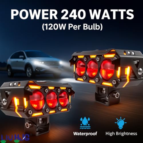 Image of LIU HJG Dual Cut Lens 3 Lens LED Fog Light With Wiring Kit Waterproof & Dustproof 240W 12V DC Power Yellow, White, Red Devil Eye Light, Yellow DRL Universal fit for All Bikes & Cars (Pack of 2)
