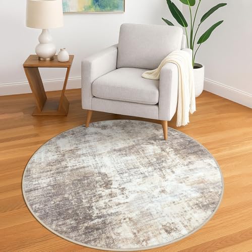 IOHOUZE Round Area Rug 5 Ft Circle Entryway Rugs Round Washable Door Mat Indoor Entrance, Non Slip Circle Front Door Rug, Printed Abstract Faux Wool Floor Carpet for Foyer Porch Sink, Beige Brown