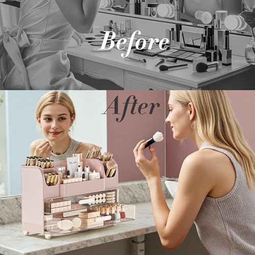 Delamu Makeup Organizer Countertop with 6 Brush Holder, Bathroom Countertop Organizer with 2 Large Drawers, Cosmetic Display Case for Vanity, Ideal for Women Girls, Pink by Delamu - Image 7