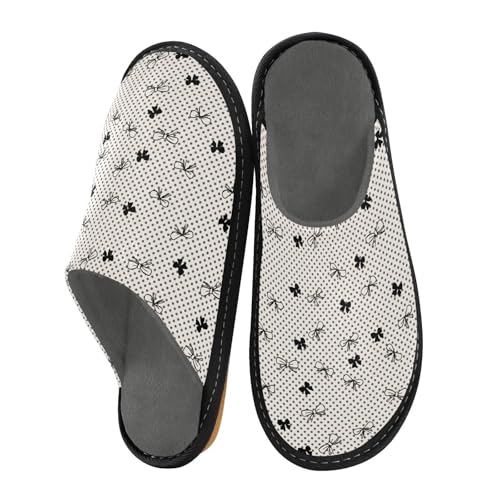 Slippers for Women Black Bow Grey Dots Pattern Soft Winter Warm Shoes Indoor Outdoor Non-Slip House Travel Slippers