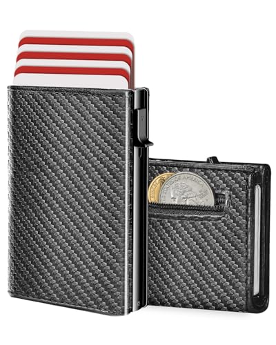 Wallet for Men with RFID Blocking, Minimalist Smart Credit Card Holder with Pop-Up Mechanism, Holds 12-14 Cards, Slim Wallet Includes Coin Pocket & Cash Slot, Gift for Men, Carbon Fiber Black