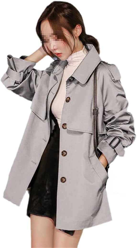 YTR6TW Women Turn-Down Collar Mid-Length Trench Coat Single Breasting Frenulum Waist Retraction Short Stature Jacket