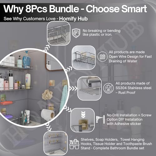 Image of 8 Pcs Bathroom Organiser Without Drill | Self Adhesive Wall Shelf Organizer & Soap Stand for Kitchen Bathroom | Toothbrush & Shampoo Holder Wall Shelf Stand (Silver)