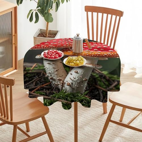 Nappe ronde lavable en machine imprimé champignons 177cm en polyester robuste - 7