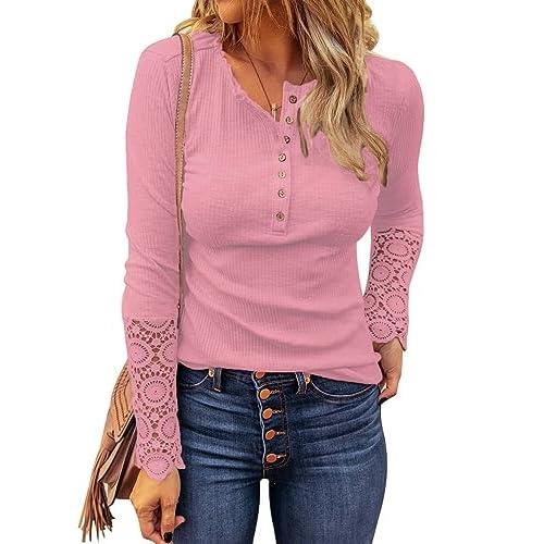 VICHYIE Womens Fall Clothes Long Sleeves Tunic Lace Sleeve V Neck Buttons Shirts Casual Slim Fit Blouses Small A Pink