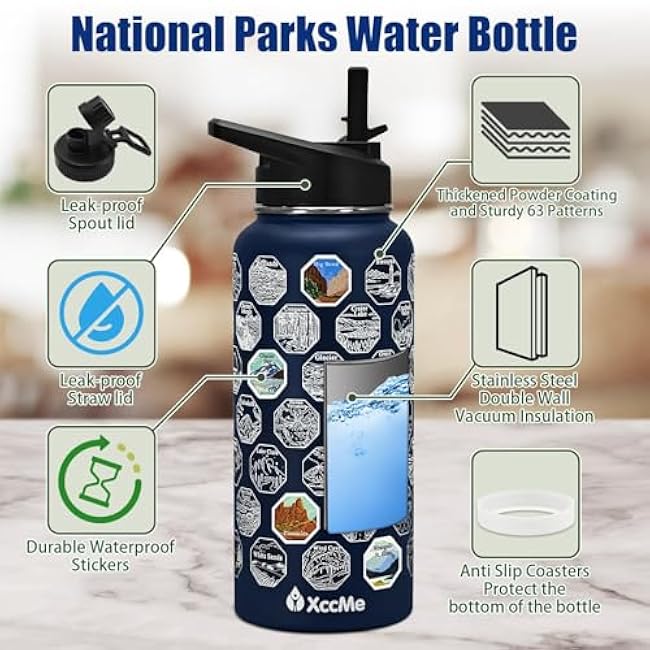 National Parks Water Bottle with Stickers,32 oz Stainless Steel Insulated Water Bottle with Straw,2 Lids,Leak Proof Metal Water Cup for Hiking,Travel,Sports,Camping,Wide Mouth Bottle