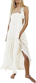 Women's Lace Embroidered Tiered Maxi Dress Casual Suspender Strap Bib Overall Jumper Dress - Buy now