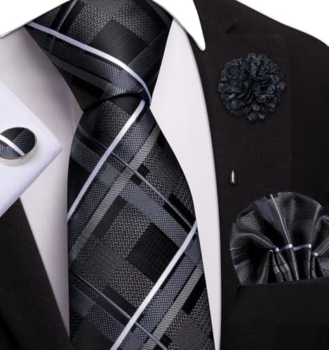 Image of Dubulle Mens Tie and Lapel Pin Paisley Striped Floral Necktie for Men Pocket Square Cufflinks 4PCS Set Wedding Party