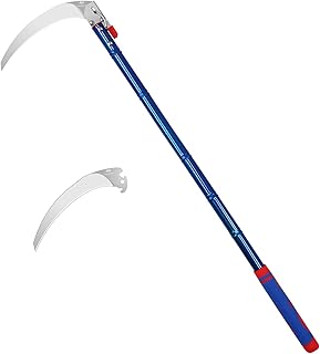 Detachable Grass Sickle, Folding Harvest Scythe Tool with Carbon Steel Blade and Anti-Slip Rubber Handle, Includes 1 Spare Blade, Lightweight Sickle Garden Tool Long Handle for Garden and Yard